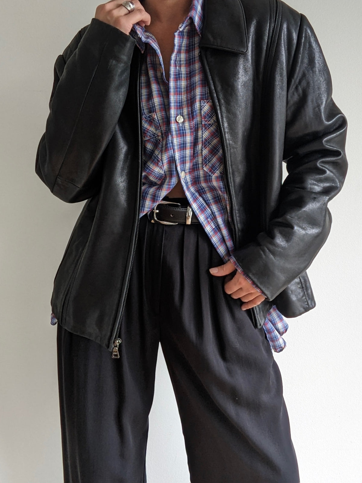 Vintage Faded Ink Black Leather Zip Jacket
