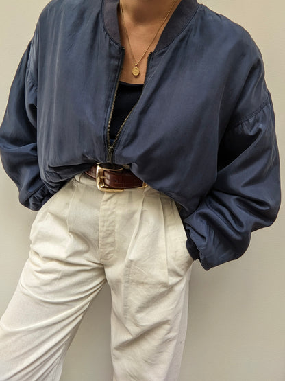 Vintage Stone Blue Silk Bomber Jacket