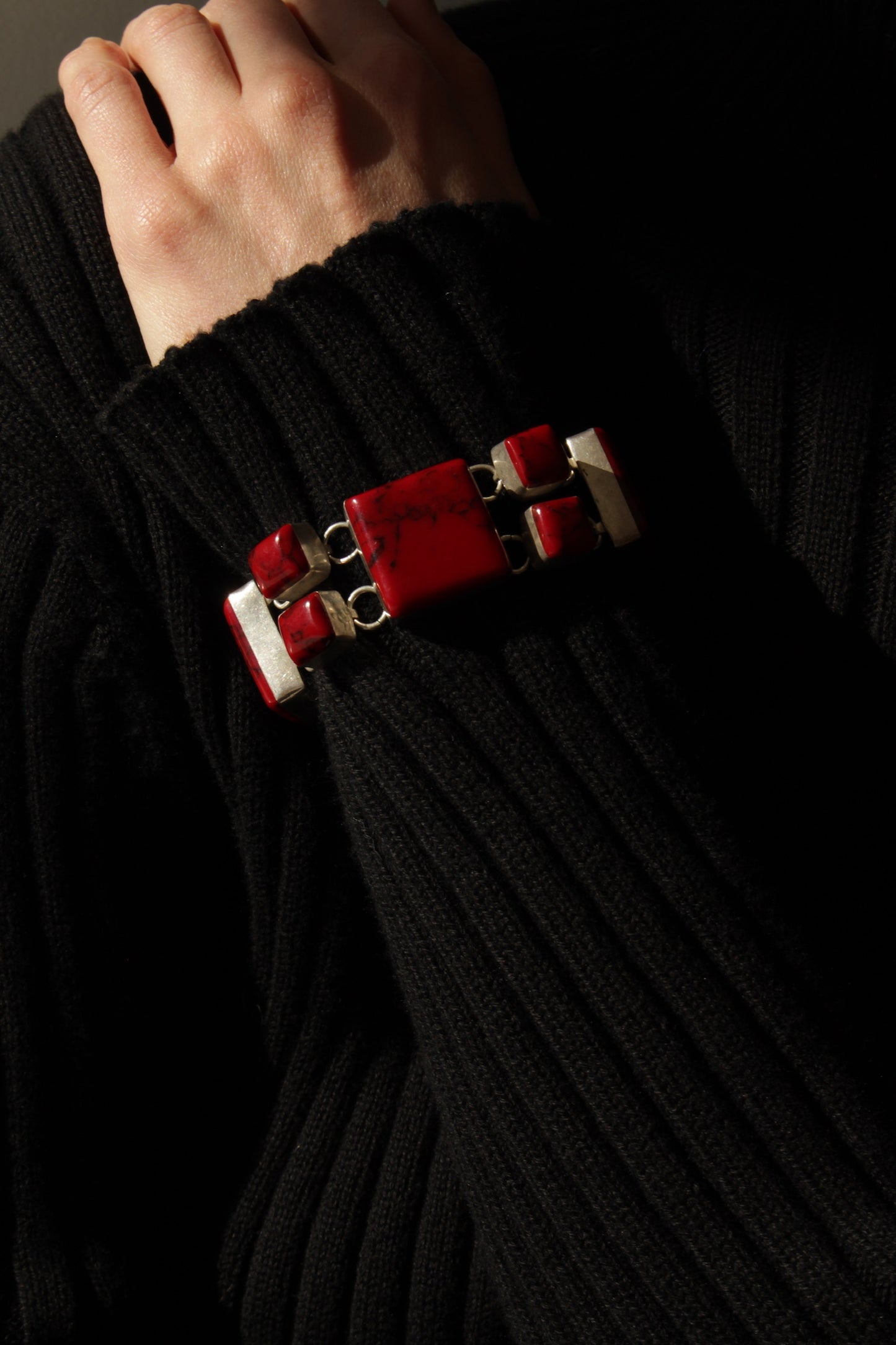 Vintage Modernist Red Jasper & Sterling Silver Bracelet & Earrings Set