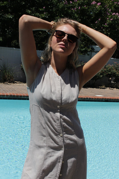 Vintage Pale Oat Buttoned Linen Dress