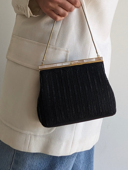 Gorgeous Vintage Mother of Pearl & Caviar Beaded Purse