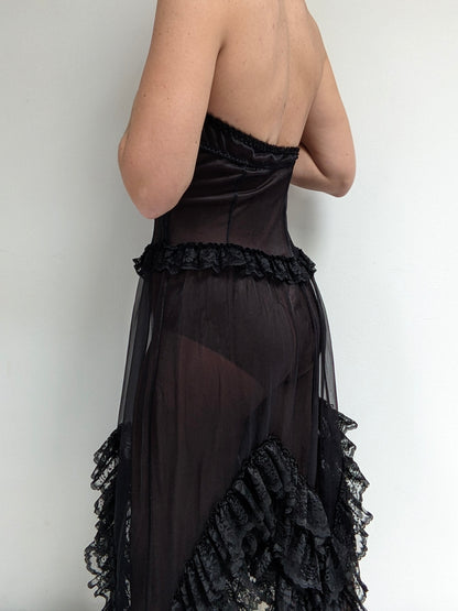 Incredible Vintage Sheer Lace Ruffled Dress