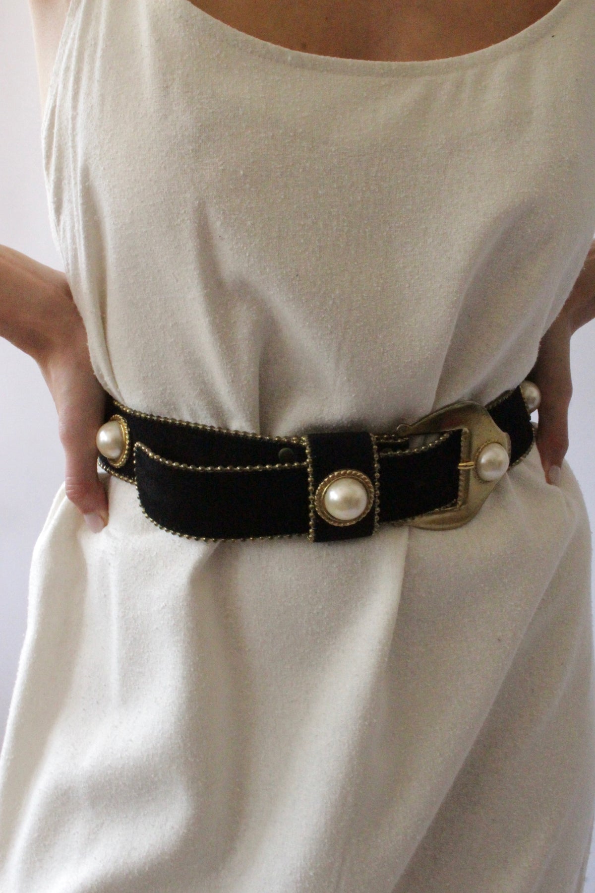 Vintage Black Suede & Faux Cabochon Pearl Belt