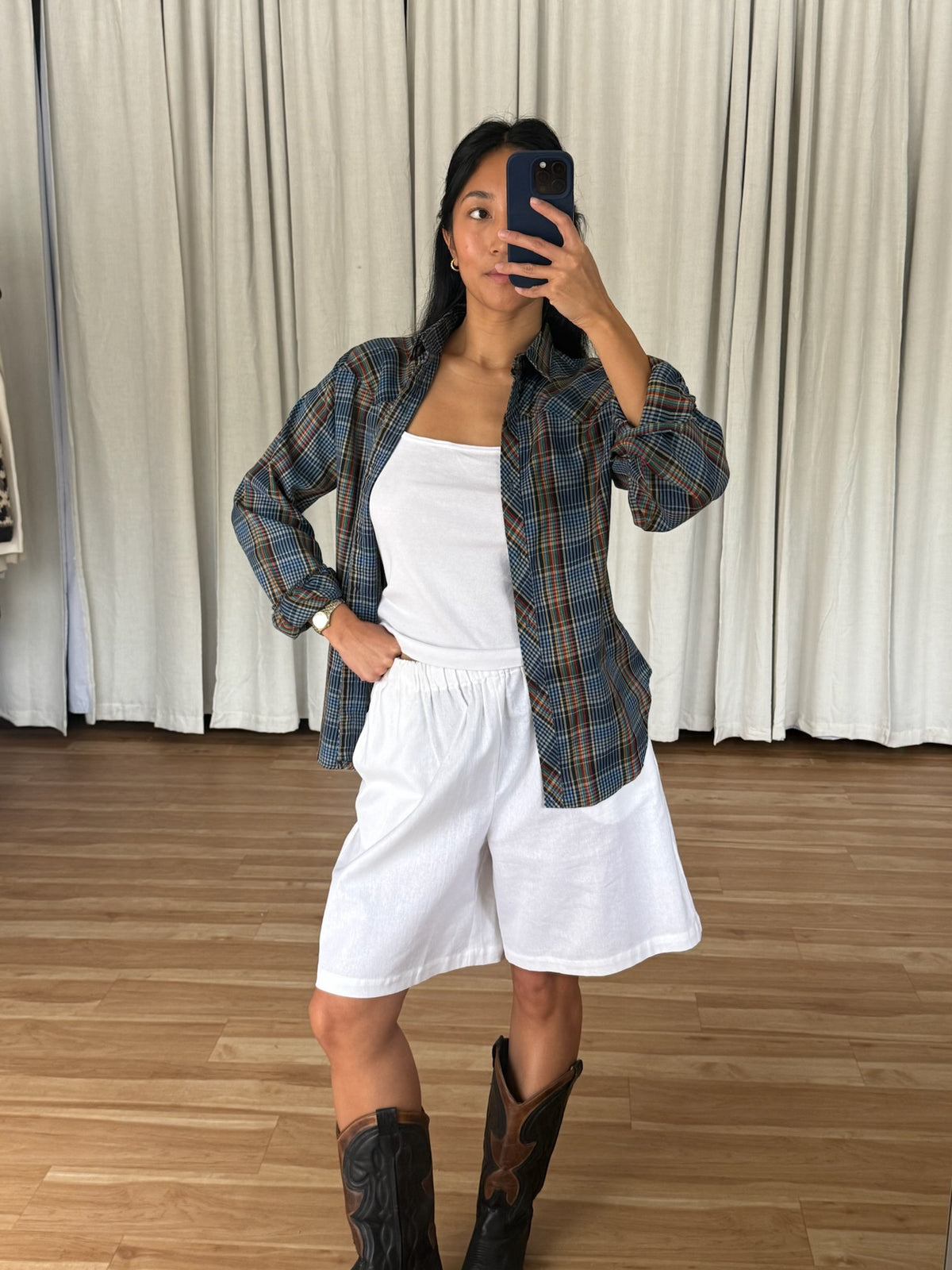 Vintage Thin Cotton Plaid Button Up