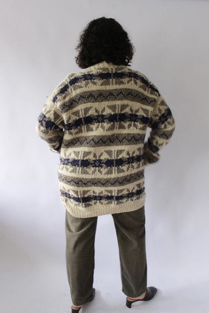 Vintage Hand Knit Patterned Wool Cardigan