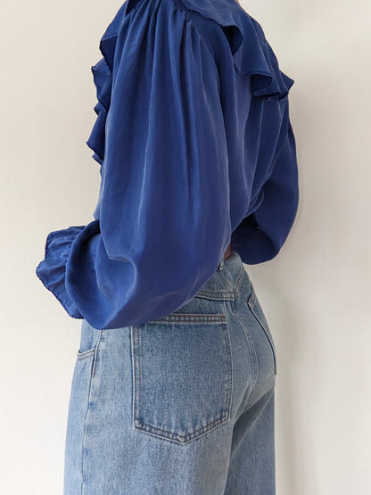 Vintage Azure Ruffled Silk Blouse