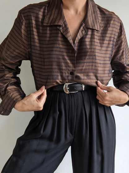 Vintage Chocolate Striped Silk Button Down