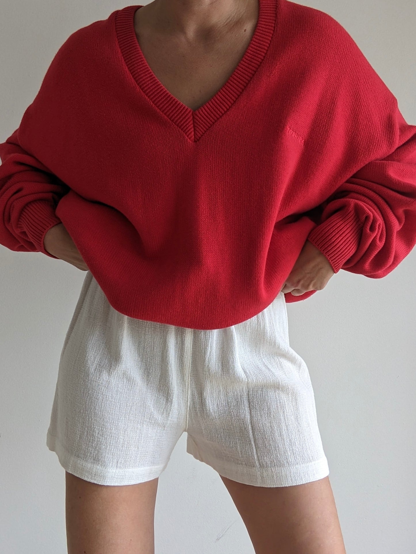 Vintage Red "Toshiba" Embroidered Cotton Sweater