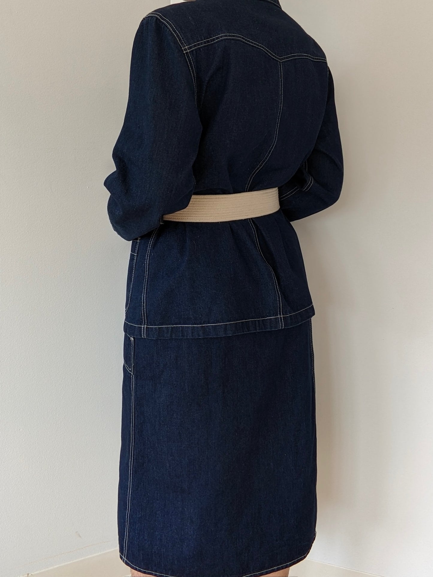 Vintage Belted Dark Wash Denim Wrap Skirt Set
