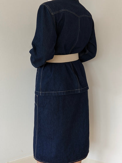 Vintage Belted Dark Wash Denim Wrap Skirt Set