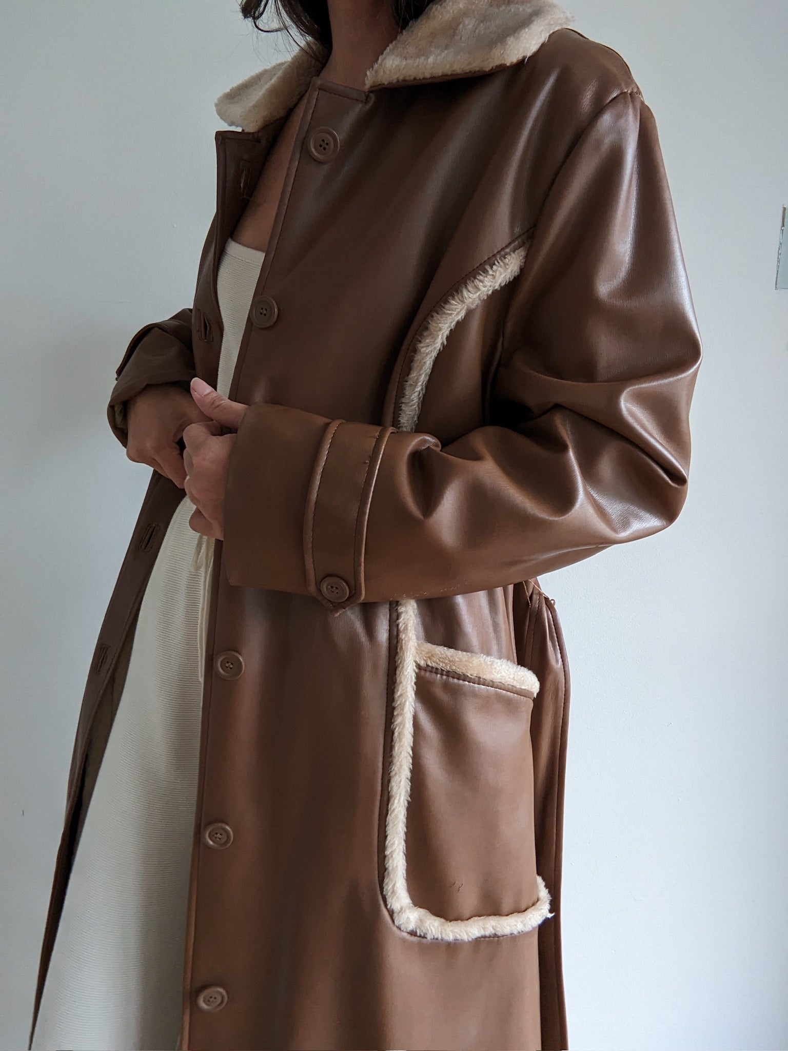 Vintage Chocoate Vegan Leather Belted Coat – NA NIN