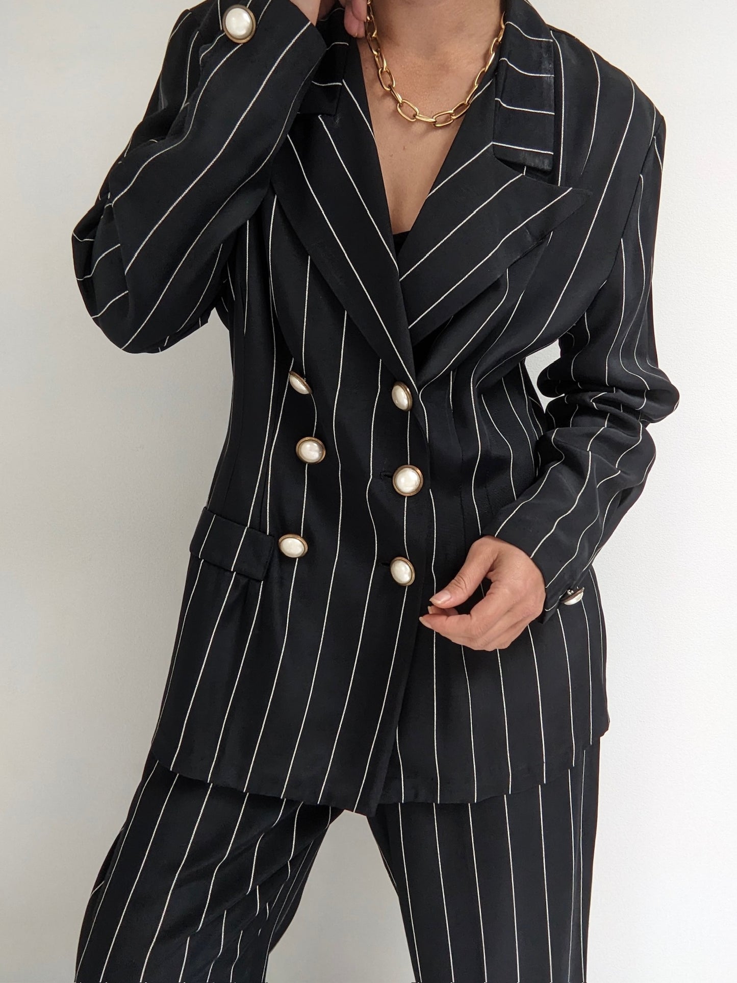 90s Black Pinstriped Pant Set