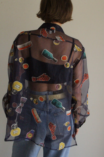 Fun Vintage Sheer Novelty Print Blouse