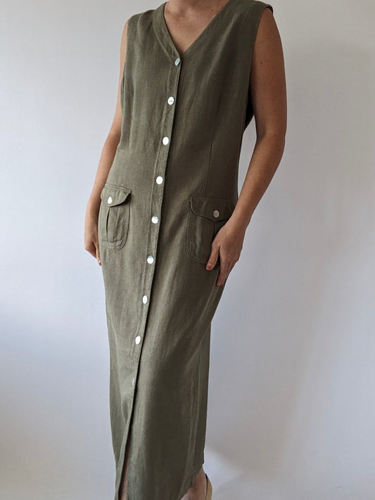 Vintage Olive Linen Market Dress