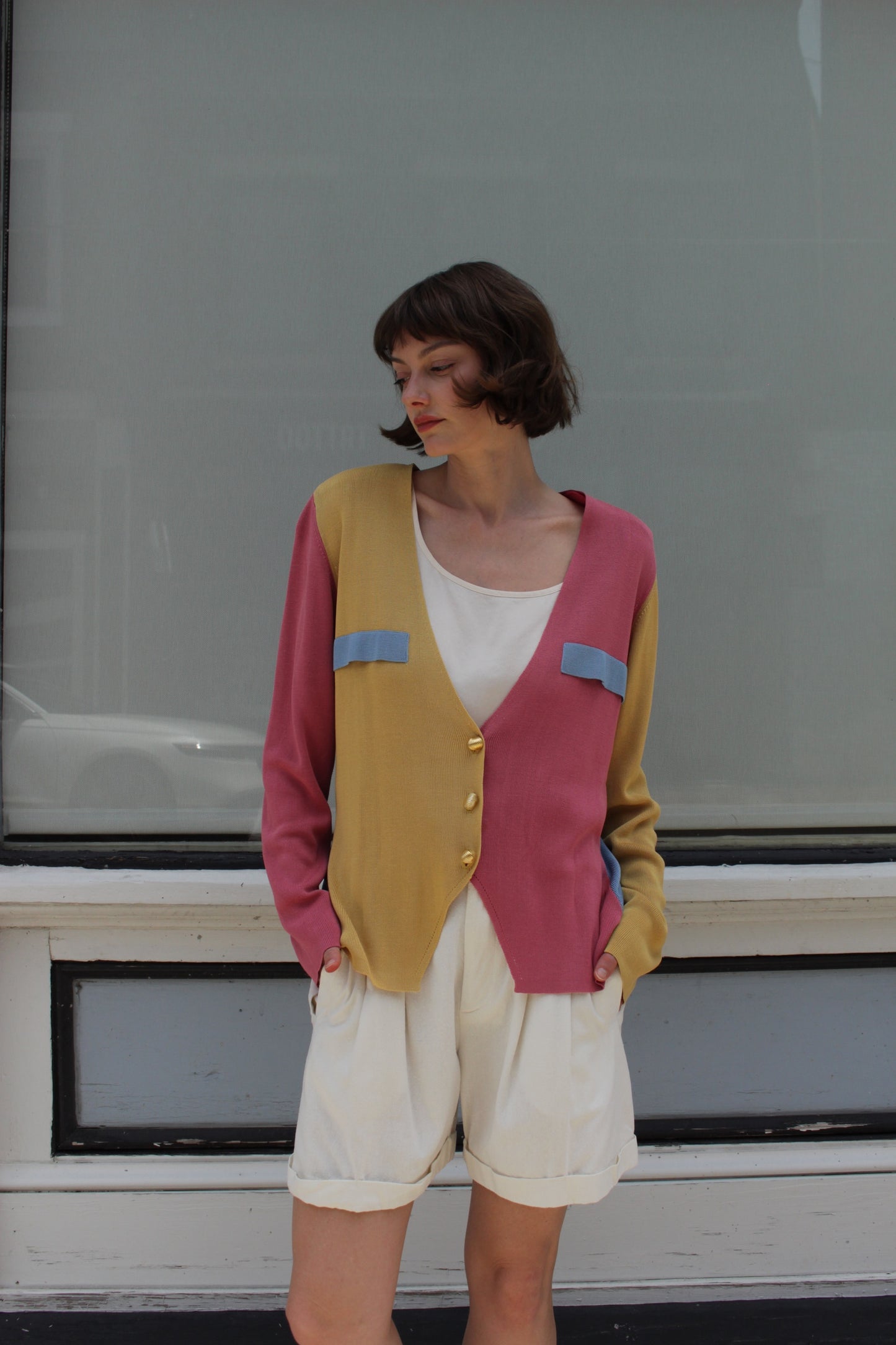 Rare 80s Vintage Color Block Silk Cardigan