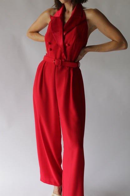 Vintage Crimson Halter Jumpsuit & Bolero Set