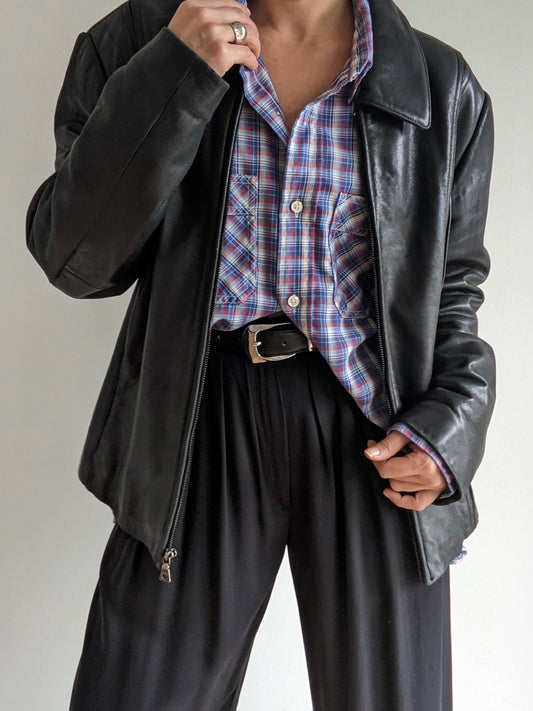 Vintage Faded Ink Black Leather Zip Jacket