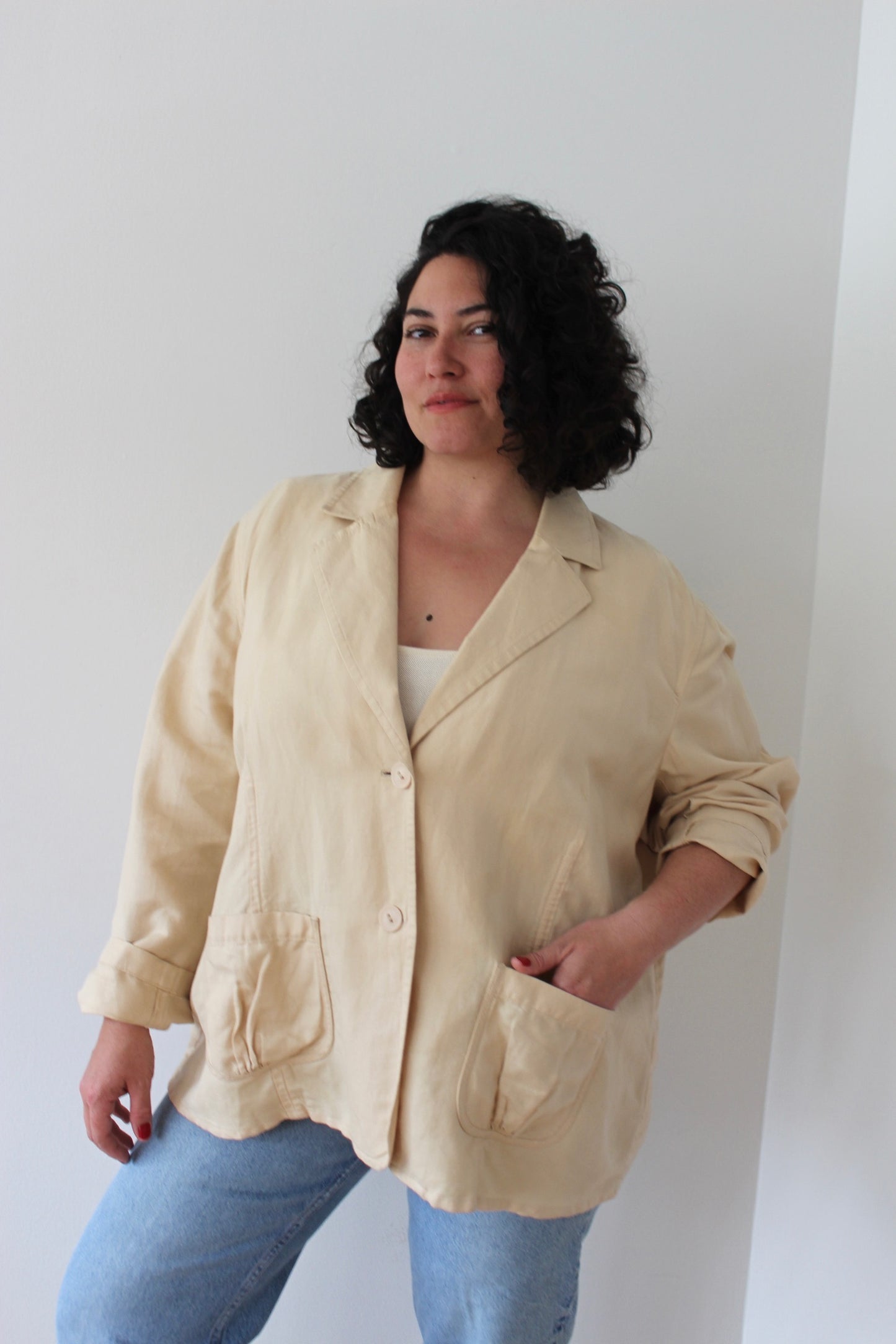 Vintage Butter Linen Herringbone Jacket