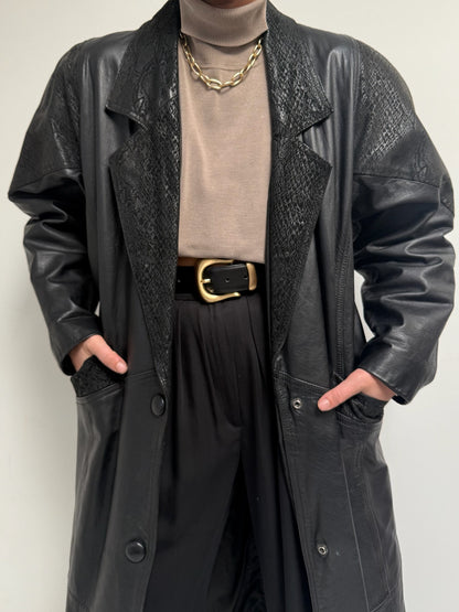 Bold Vintage Long Black Leather Coat