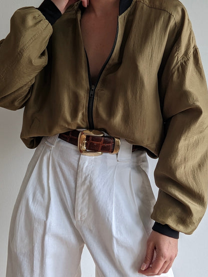 Vintage Olive Silk Bomber Jacket