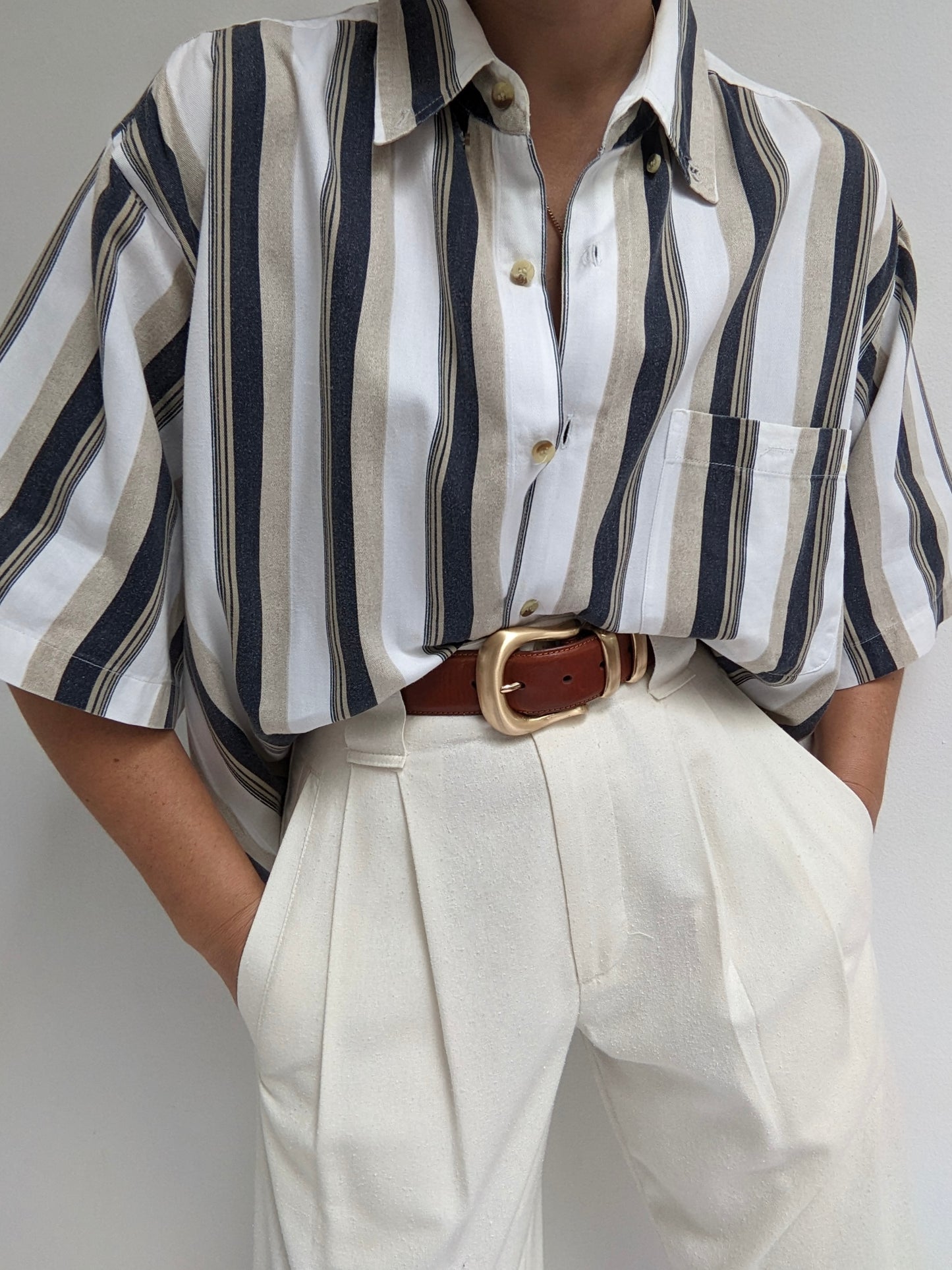 Vintage Sand & Faded Black Striped Button Down