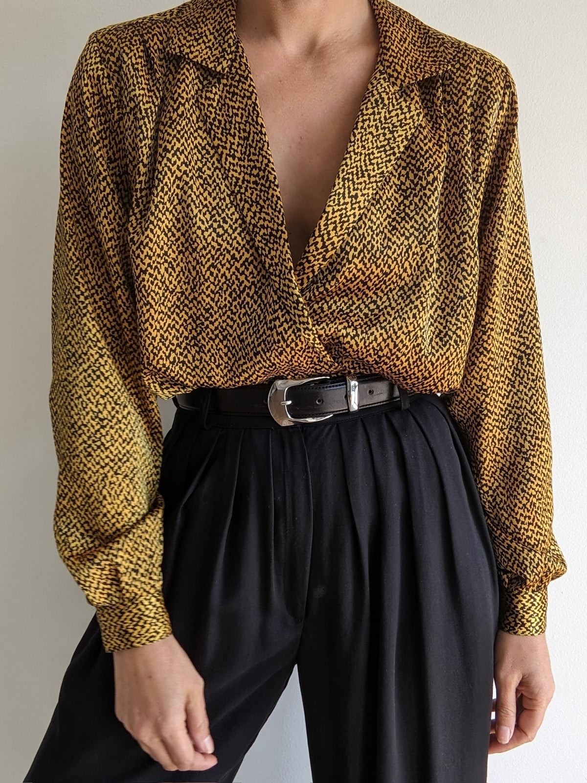 Vintage Patterned Satin Low-Cut Blouse