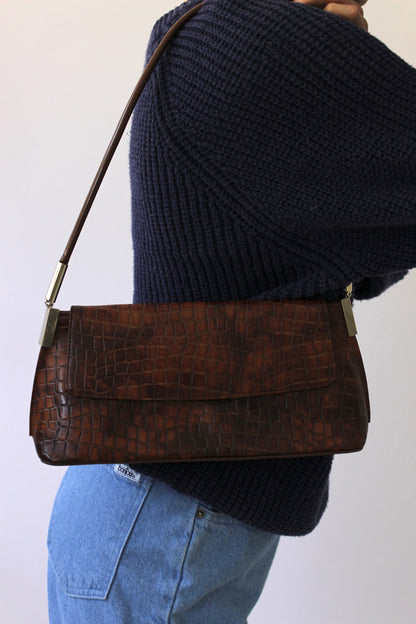 90s Croc-Embossed Leather Shoulder Bag