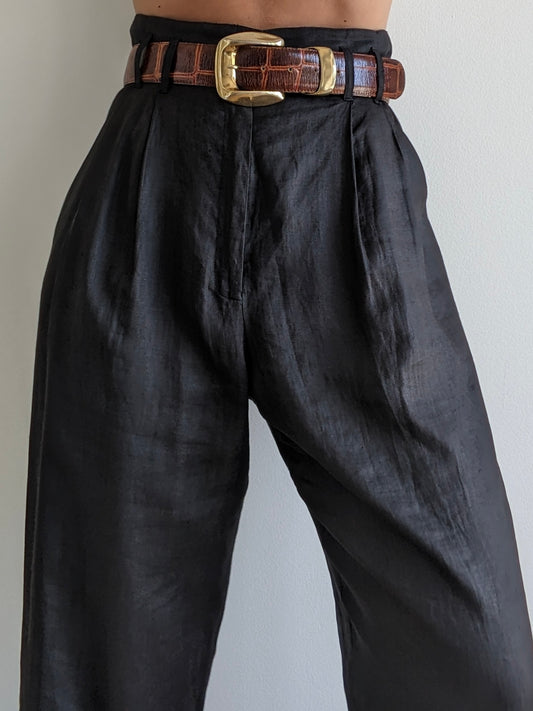 Vintage Licorice Pleated Linen Trousers