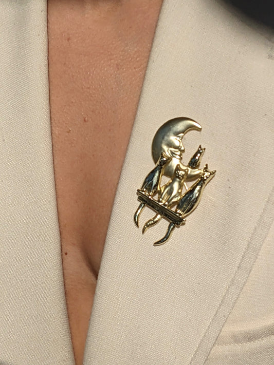 Sweetest Vintage Cats & Moon Brooch