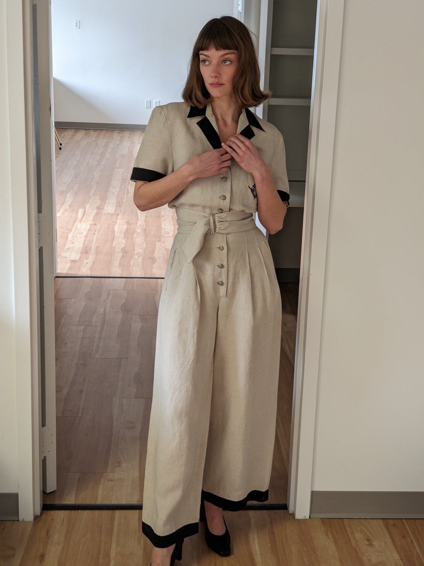 Favorite Vintage Linen Wide Leg Belted Jumpsuit