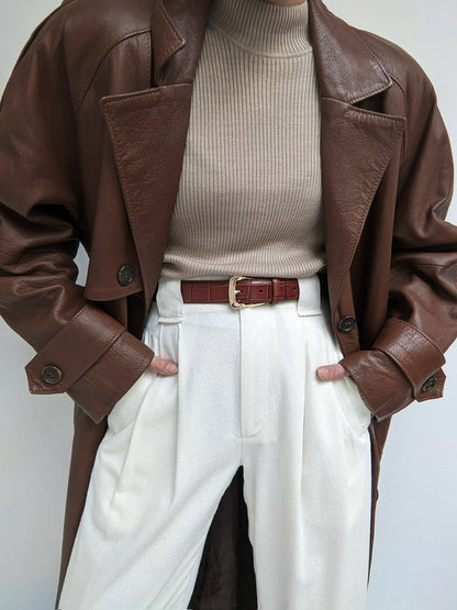 Vintage Tobacco Leather Belted Trench Coat