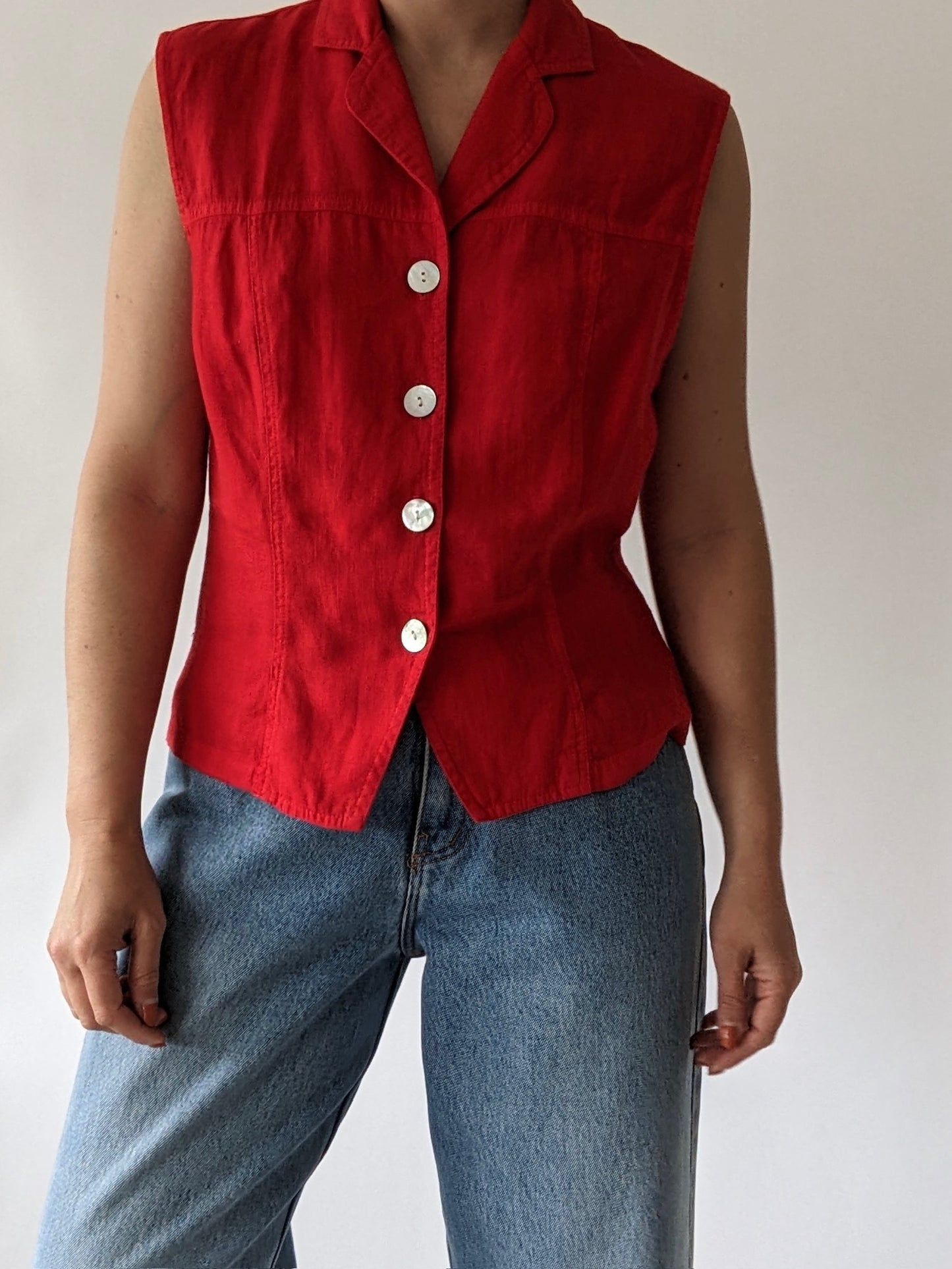 Vintage Cherry Linen Sleeveless Blouse