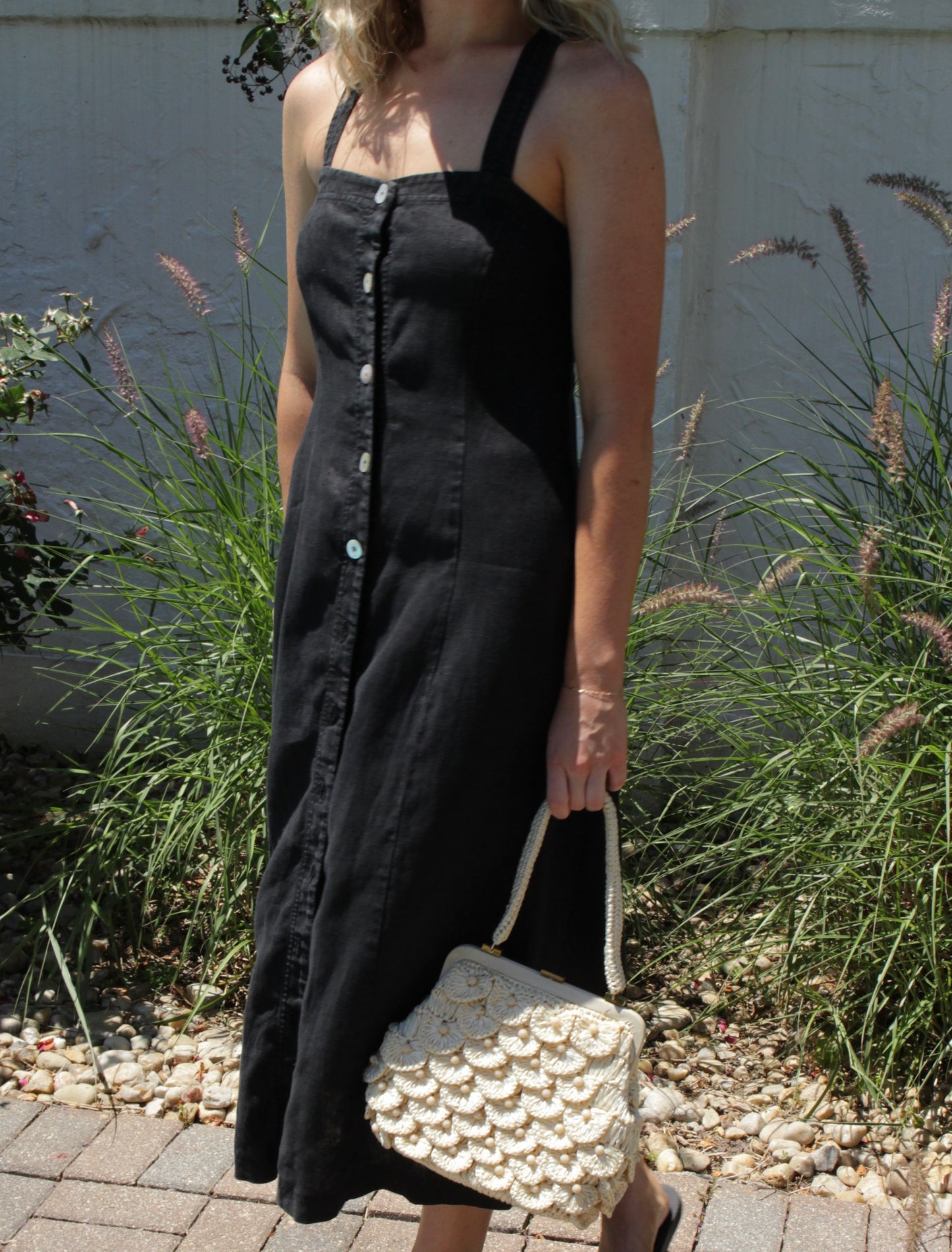 Vintage Faded Black Buttoned Linen Dress