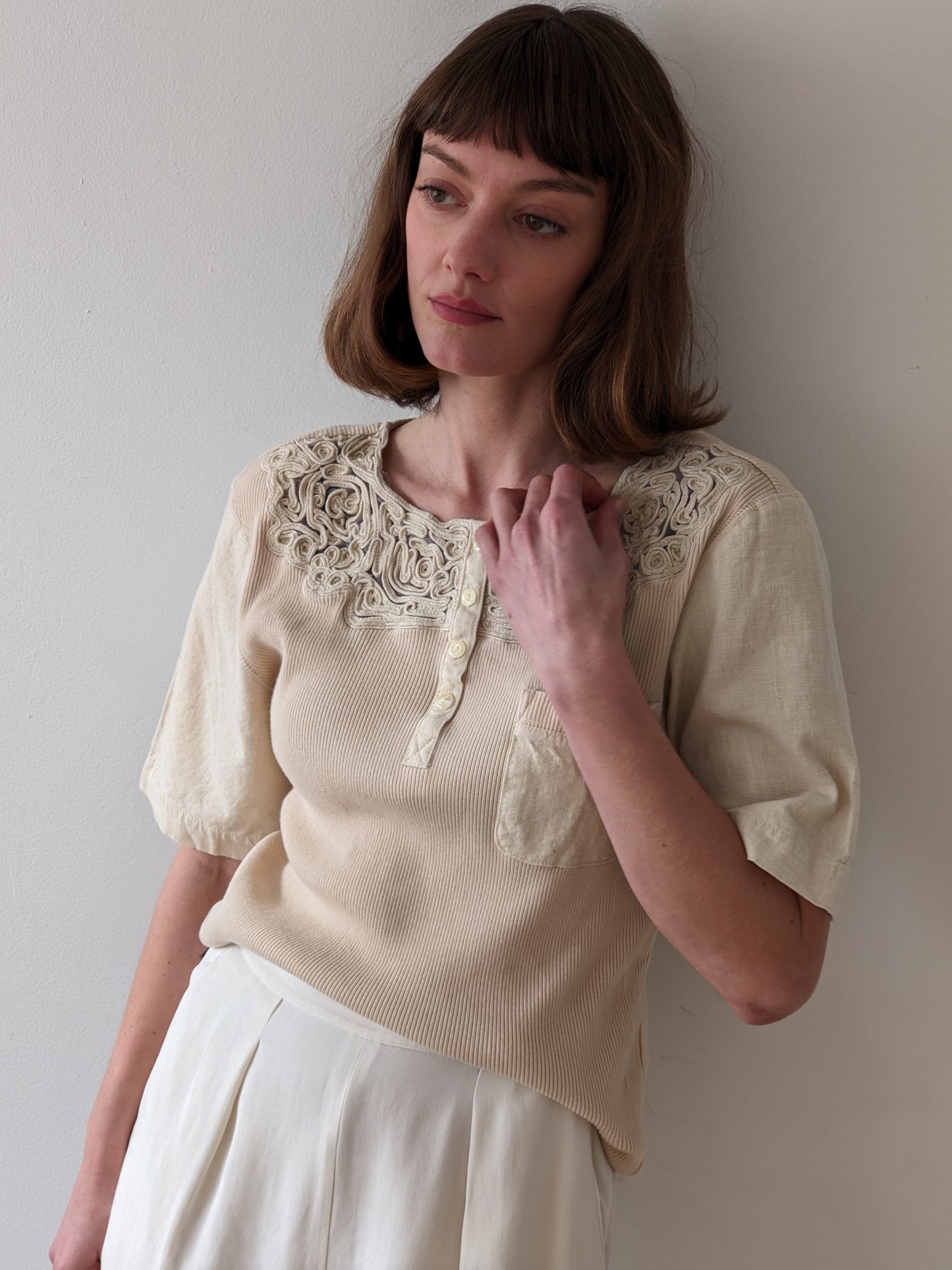 Vintage Sand Ribbed & Woven Henley