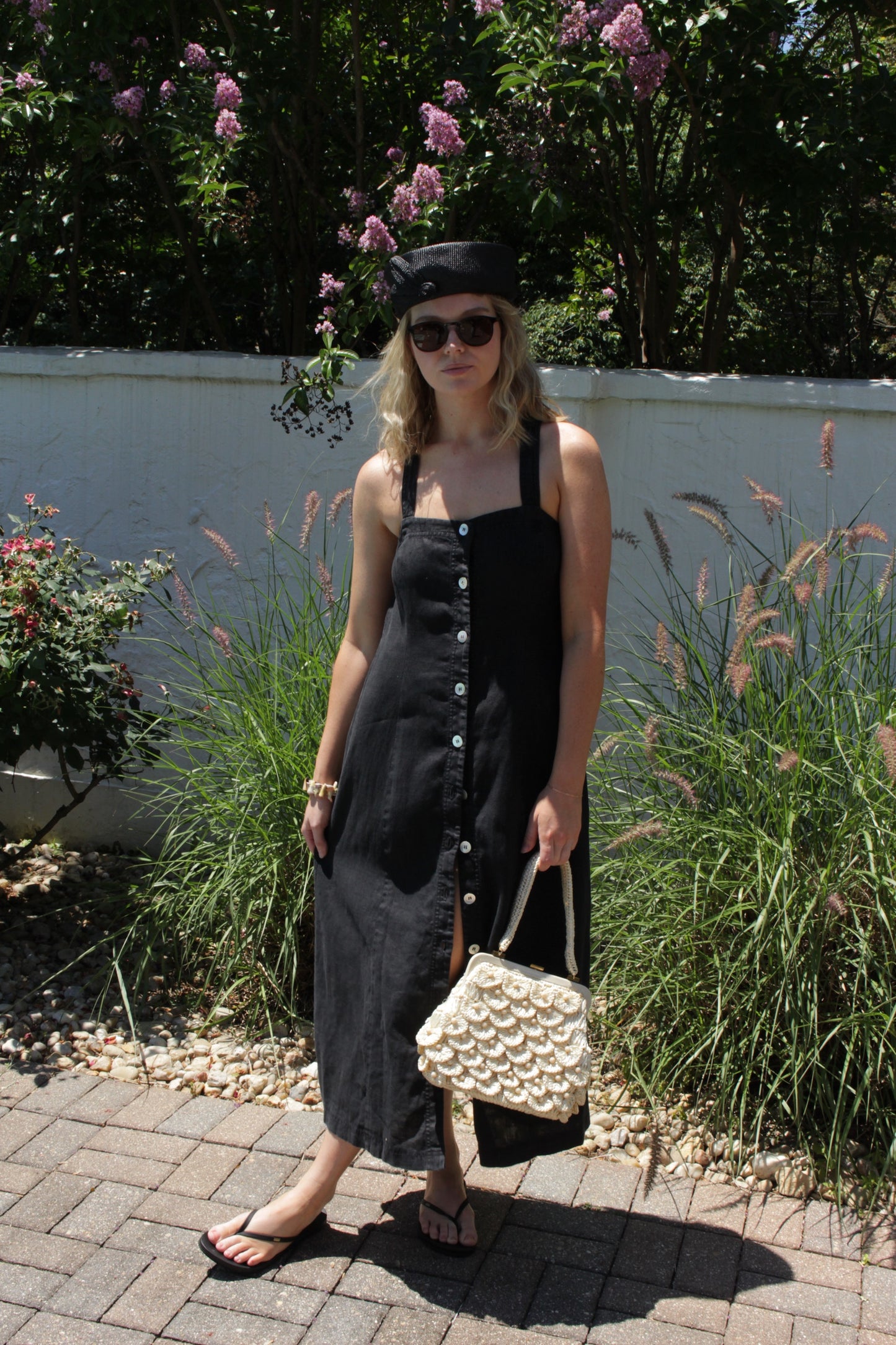 Vintage Faded Black Buttoned Linen Dress
