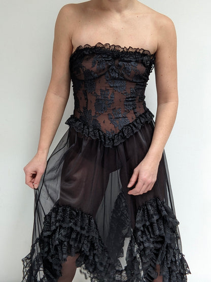 Incredible Vintage Sheer Lace Ruffled Dress