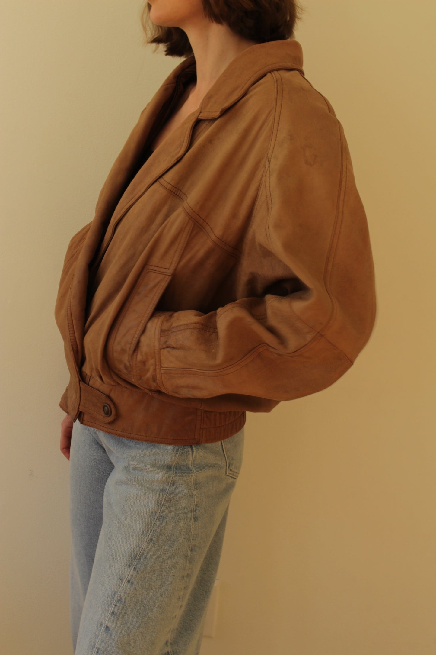 Favorite Vintage Almond Leather V-Neck Bomber