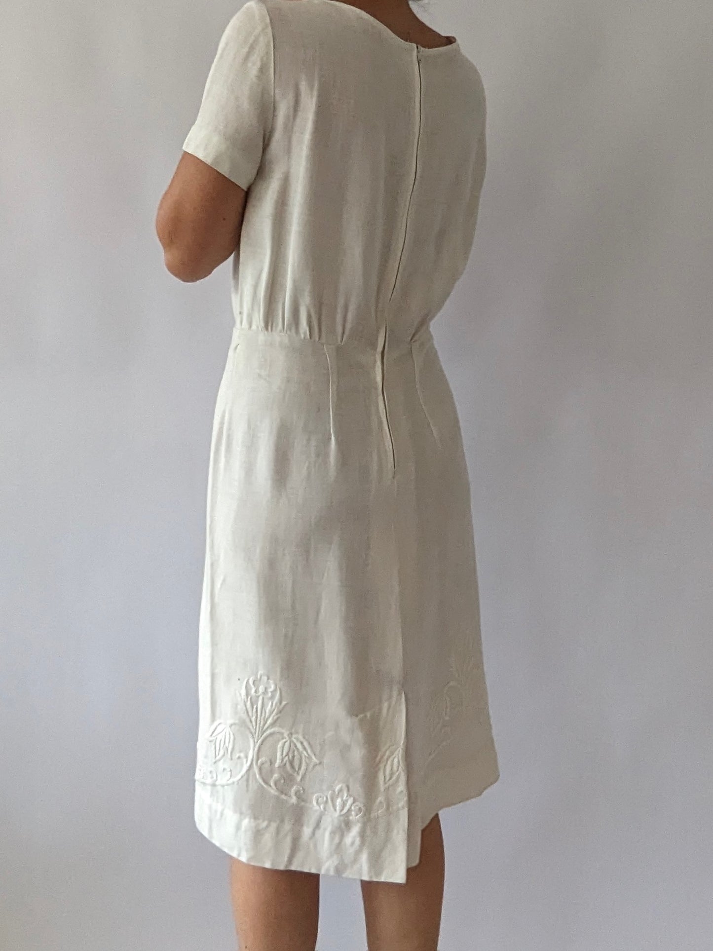 Vintage Ivory Embroidered Linen Dress