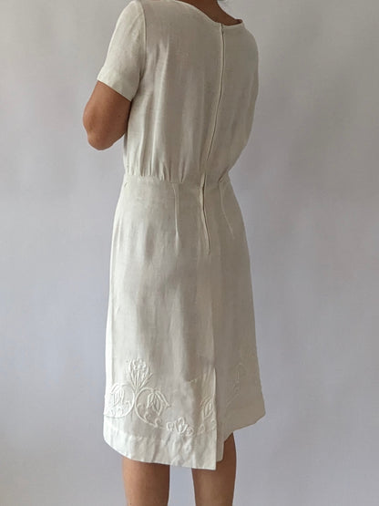 Vintage Ivory Embroidered Linen Dress
