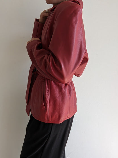 Vintage Crimson Lambskin Leather Belted Jacket