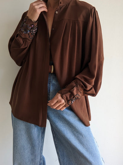 Lovely Vintage Cocoa Pleated Silk Blouse
