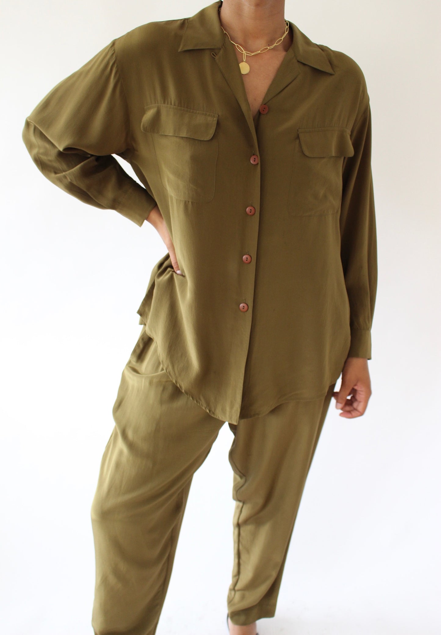 Vintage Olive Silk Leisure Set