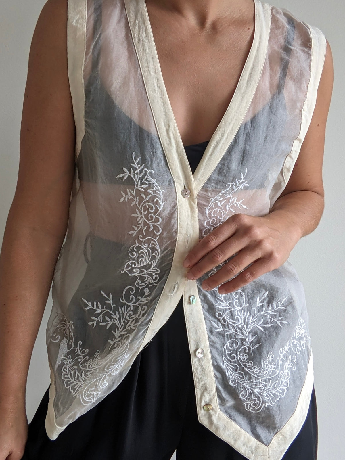 Lovely Vintage Embroidered Sheer Silk Vest