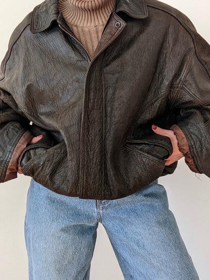 Vintage Espresso Pebbled Leather Bomber Jacket