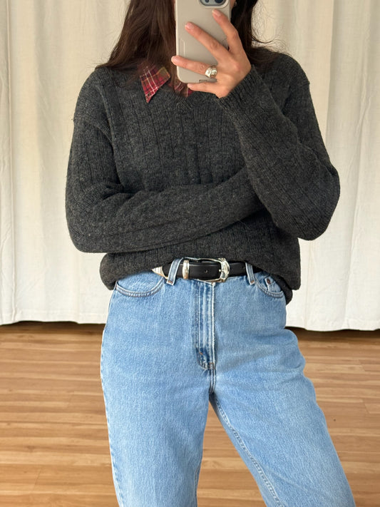 Vintage Charcoal Wool V-Neck Sweater