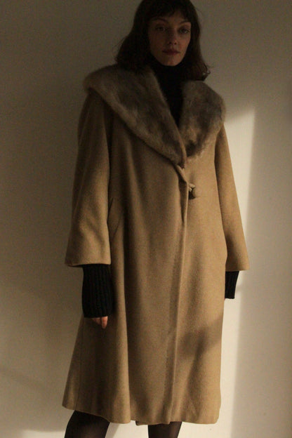 Vintage Latte Pure Cashmere & Fur Collar Coat