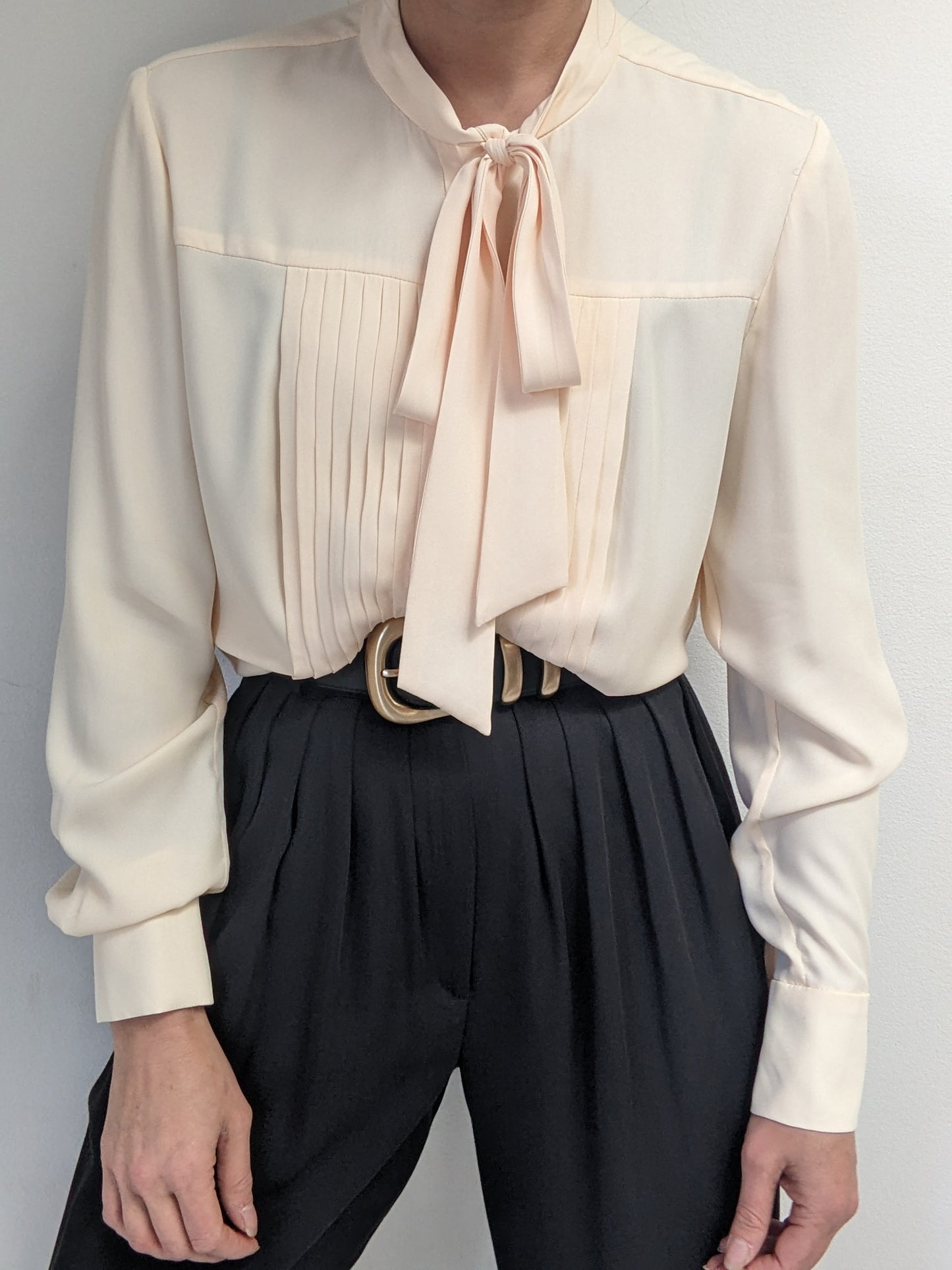 Vintage Buttercream Pleated Tie Blouse