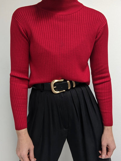 Vintage Crimson Ribbed Silk Mock Neck