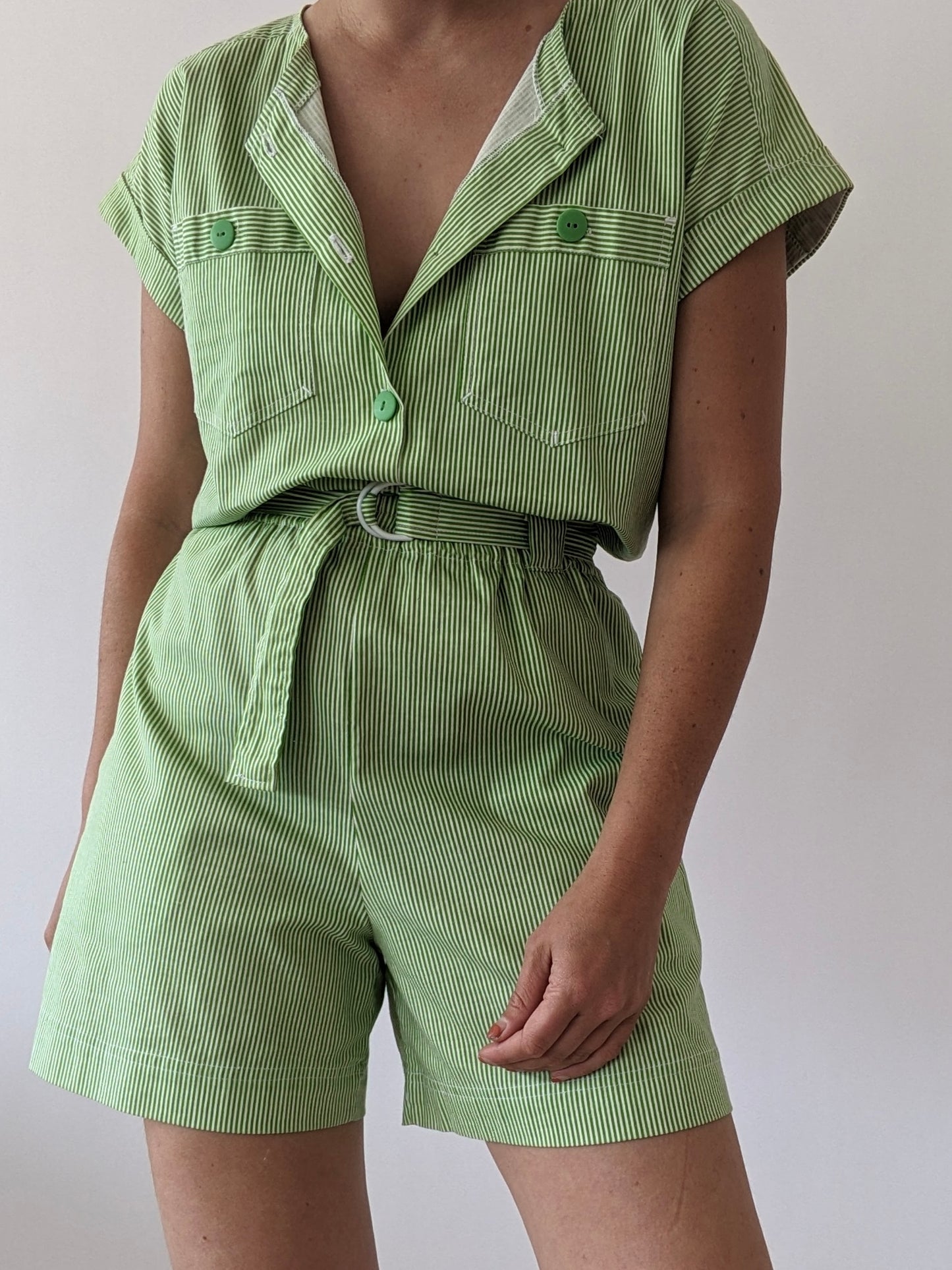 Vintage Lime Striped Cotton Romper
