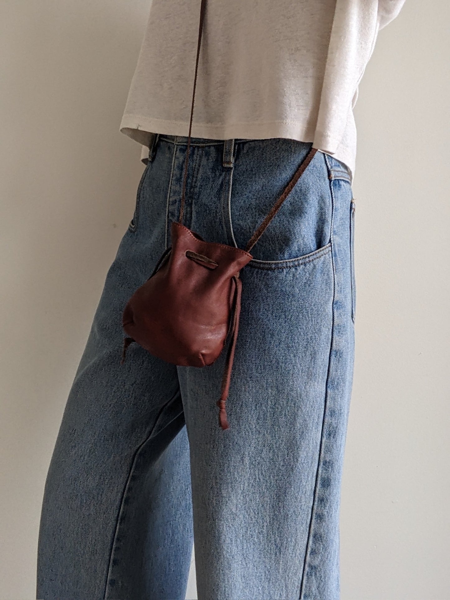 Vintage Petite Drawstring Leather Pouch Bag
